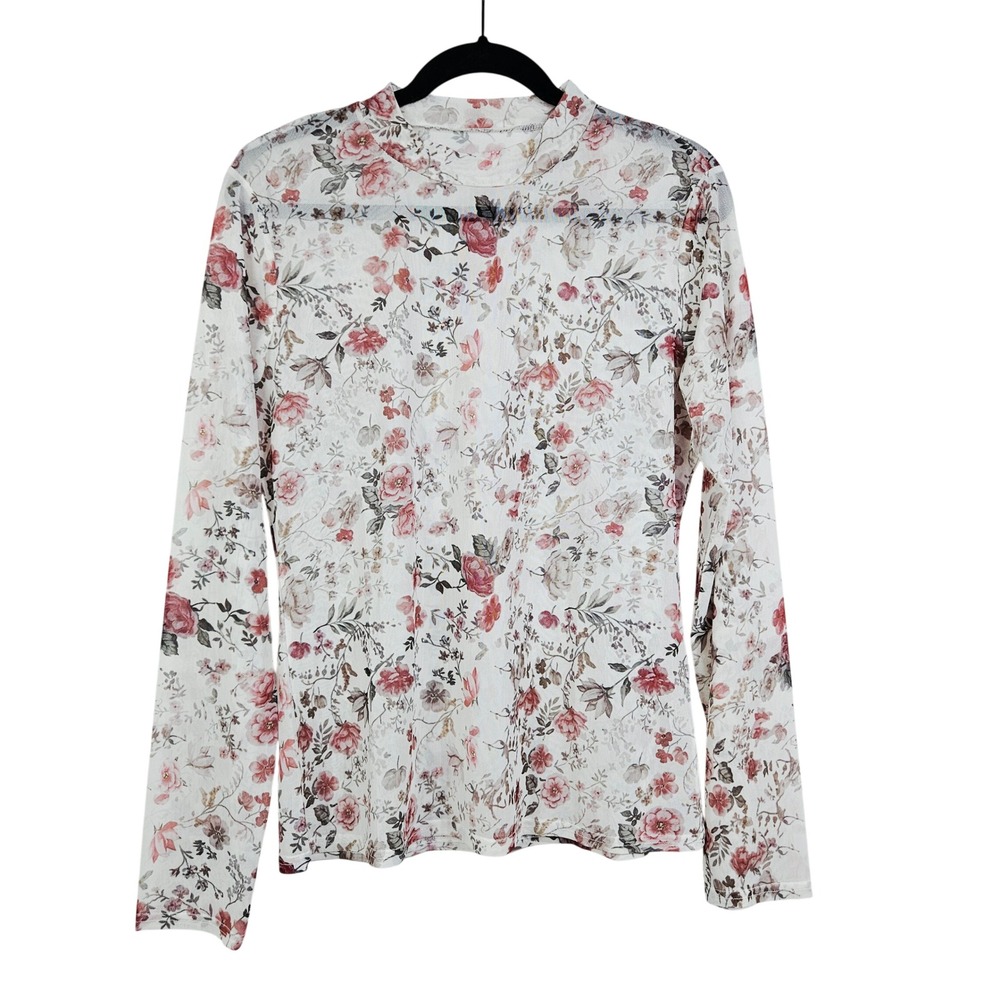 Cottagecore White Pink Floral Mesh Long Sleeve Sheer Top 2XL Romantic Fairycore